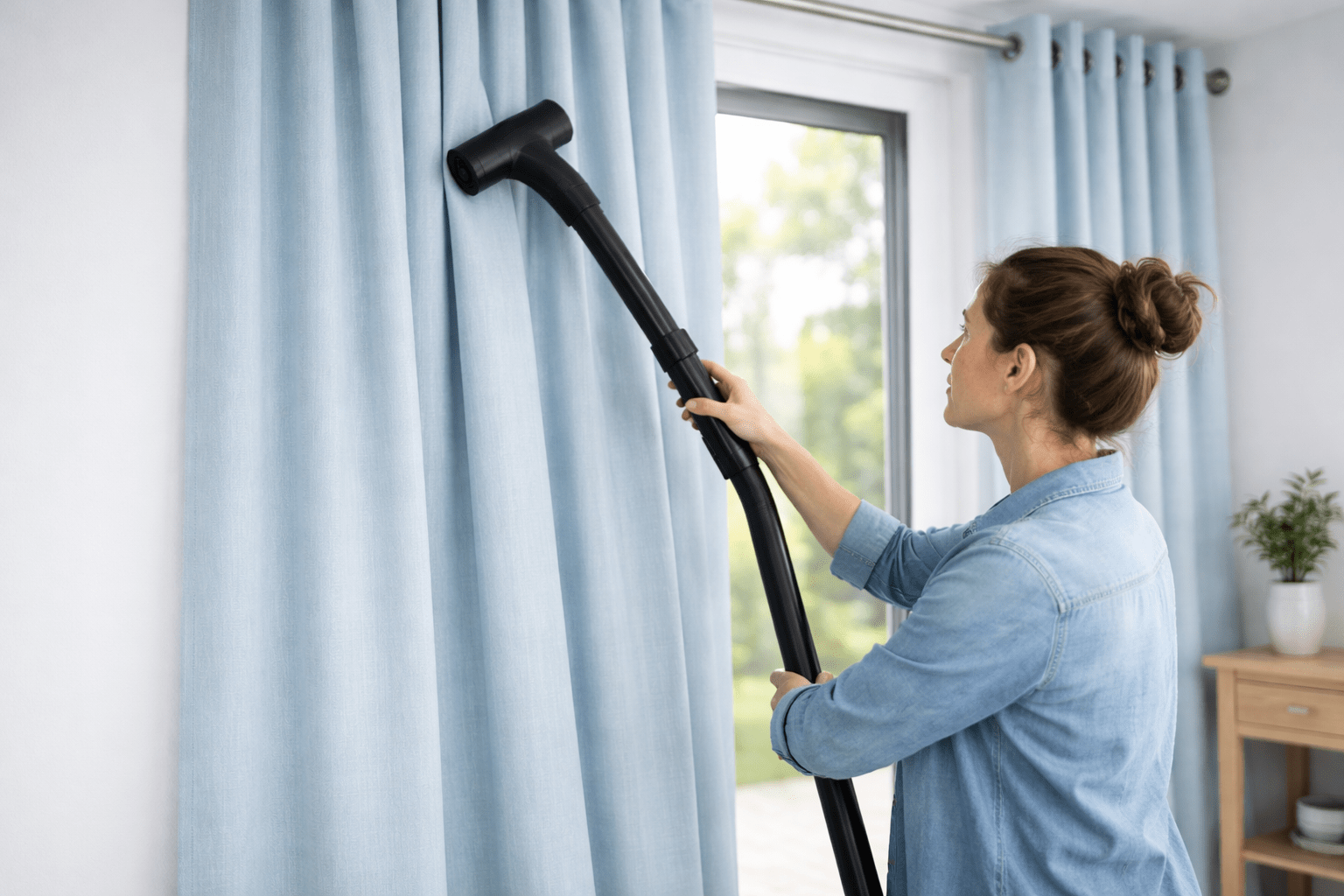 Vacuuming curtains in daylight